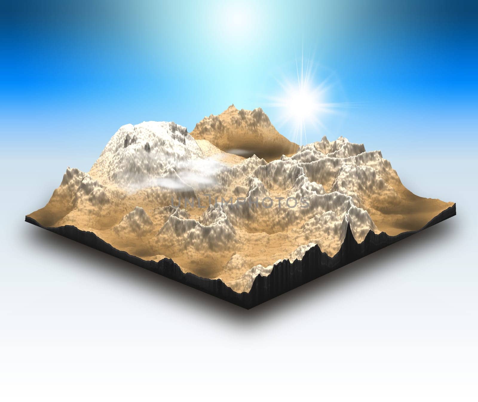 3D render of an isometric style landscape block with mountain scene