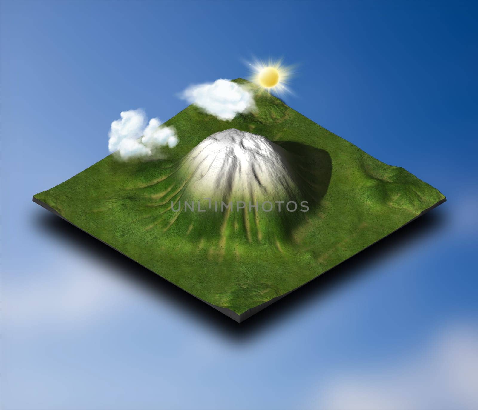 3D render of an isometric landscape design with clouds and sun