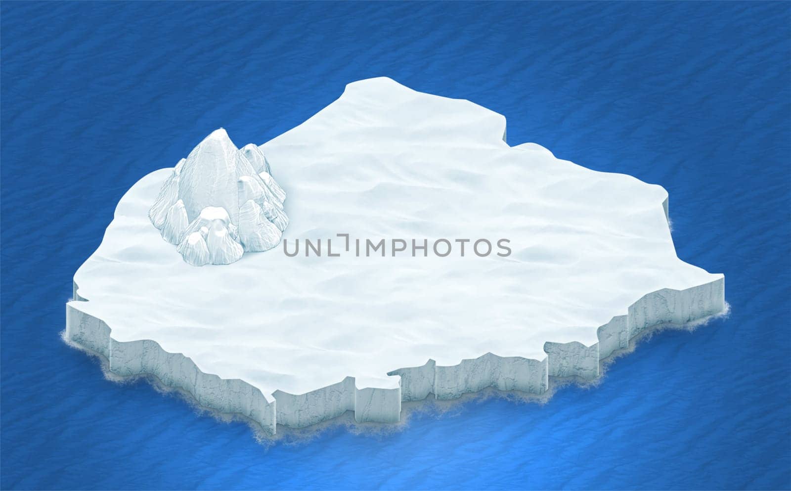 3D render of an isometric terrain of ice on a blue ocean background