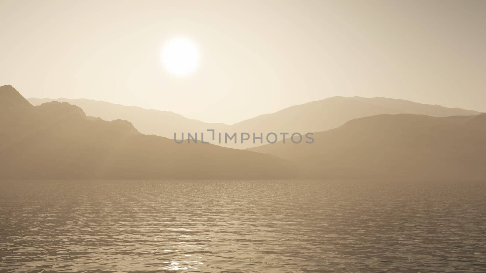 3D render of an ocean against a mountain landscape in sepia tones