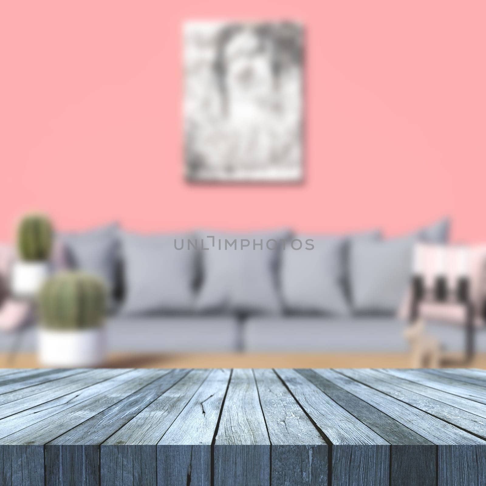 3D render of an old wooden table against a modern defocussed lounge interior