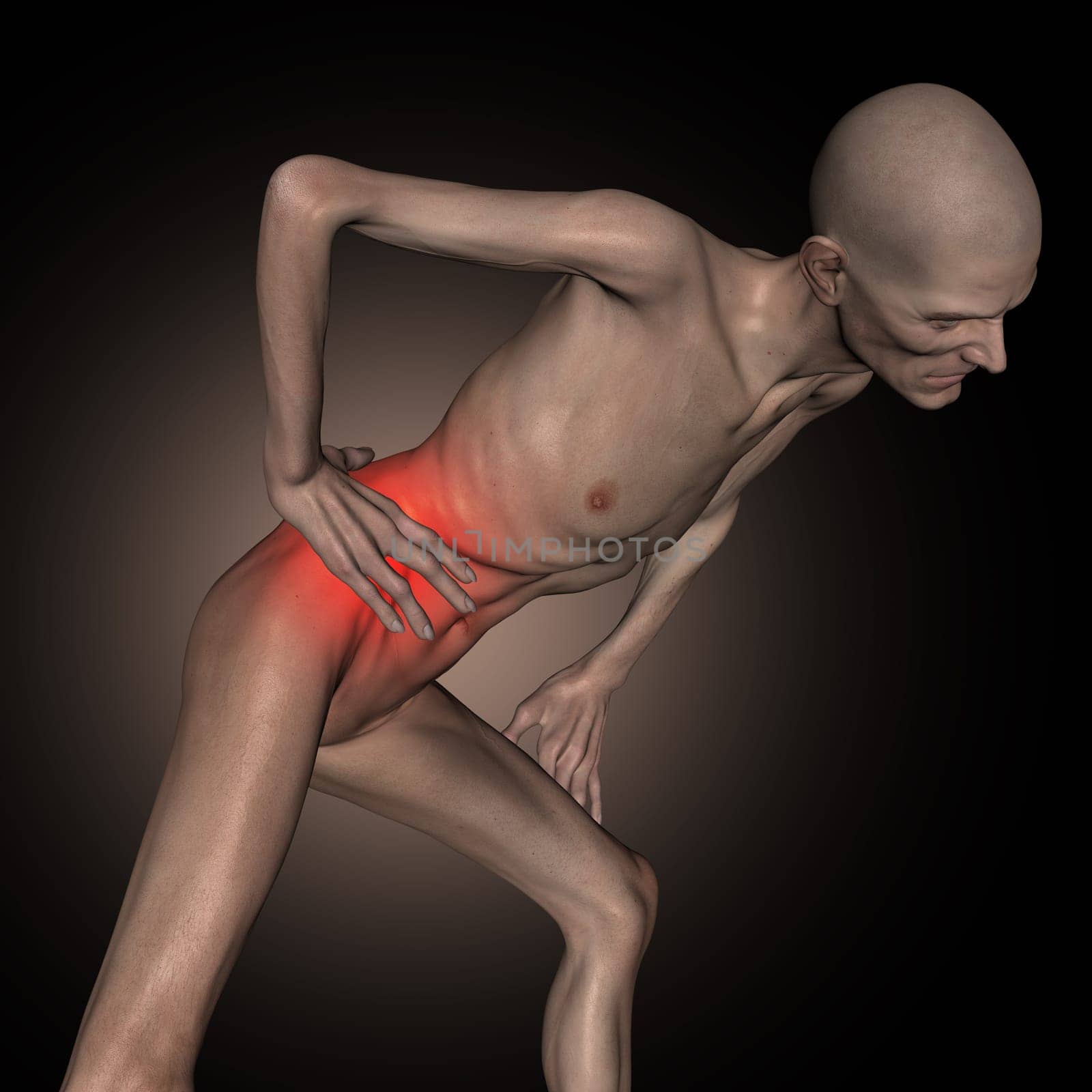 3D render of an old thin man holding hip in pain