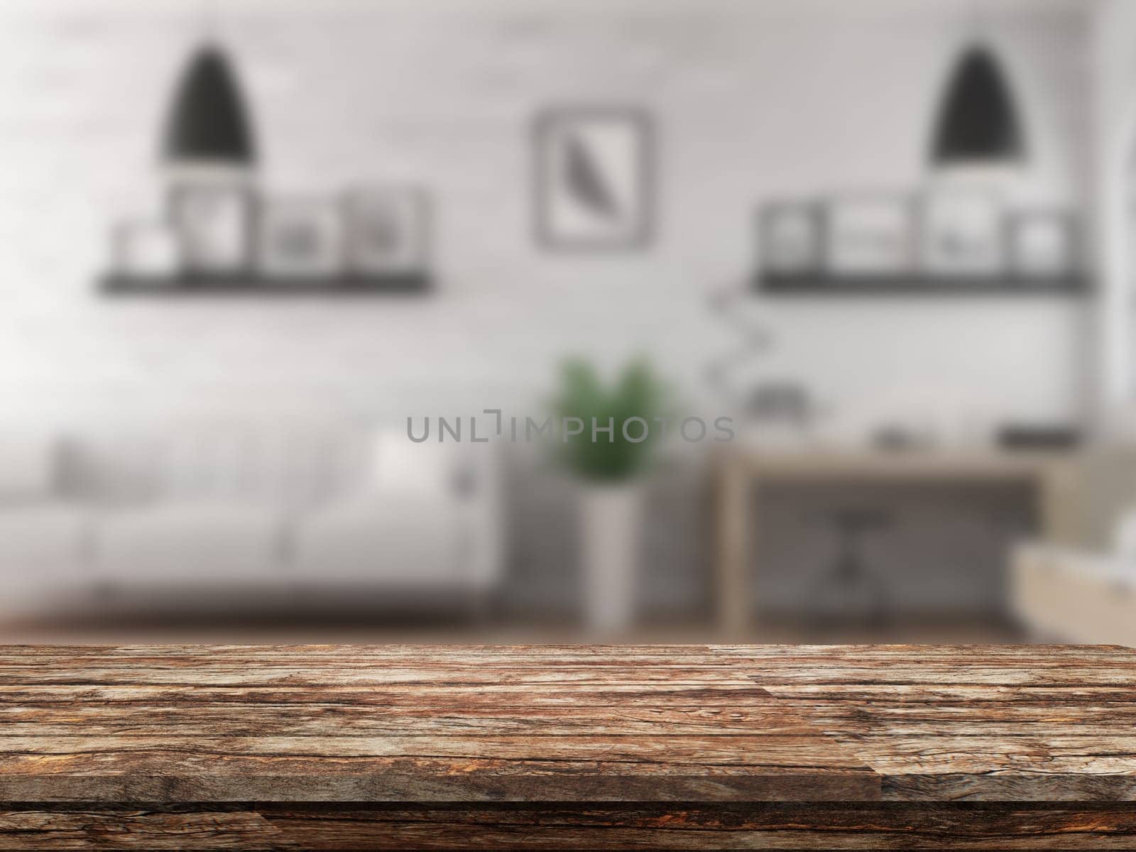 3D render of an old wooden table looking out to a defocussed lounge interior