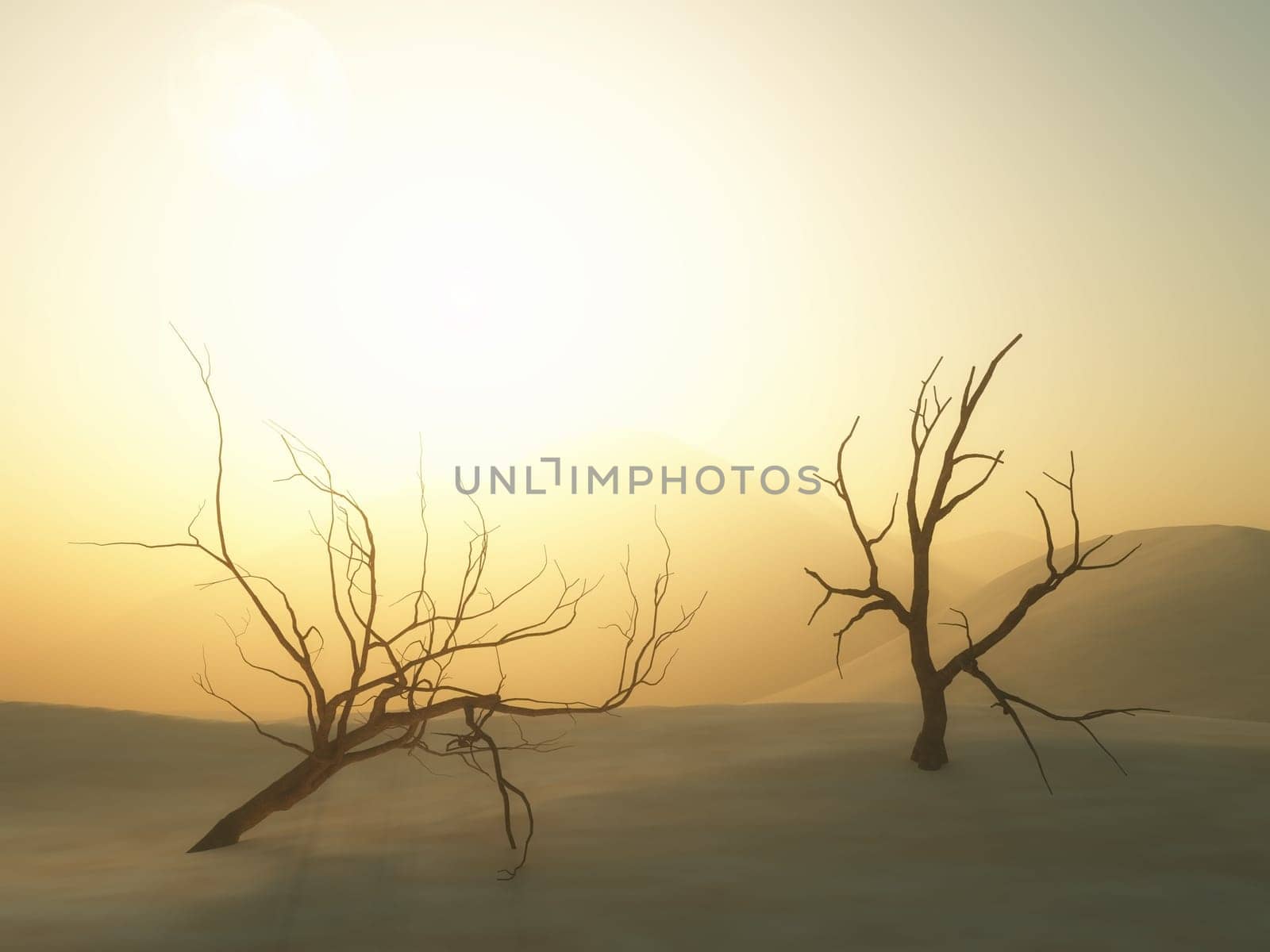 3D render of dead trees in desert landscape