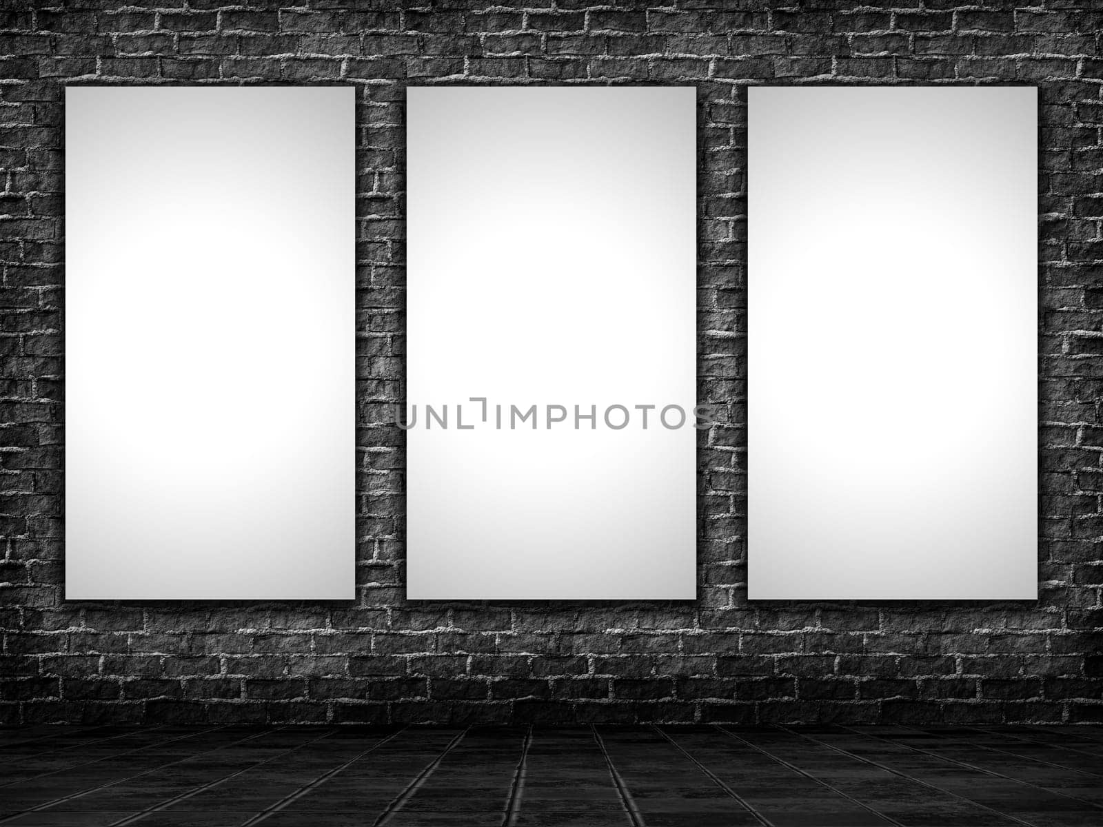 3D render of blank pictures hanging in a grunge interior with brick wall and tiled floor