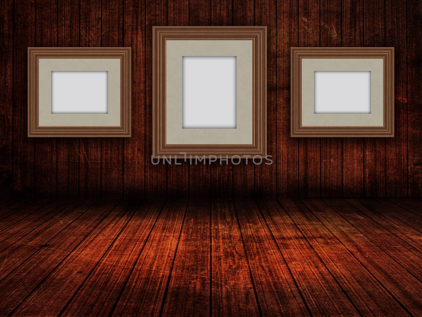 3D render of hanging blank picture frames in a wooden grunge room interior