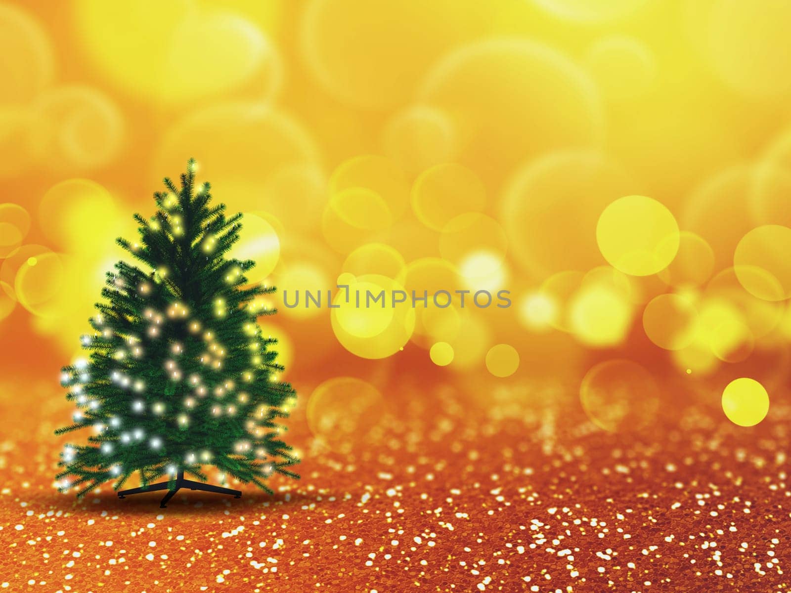 3D render of christmas tree with lights on gold bokeh background