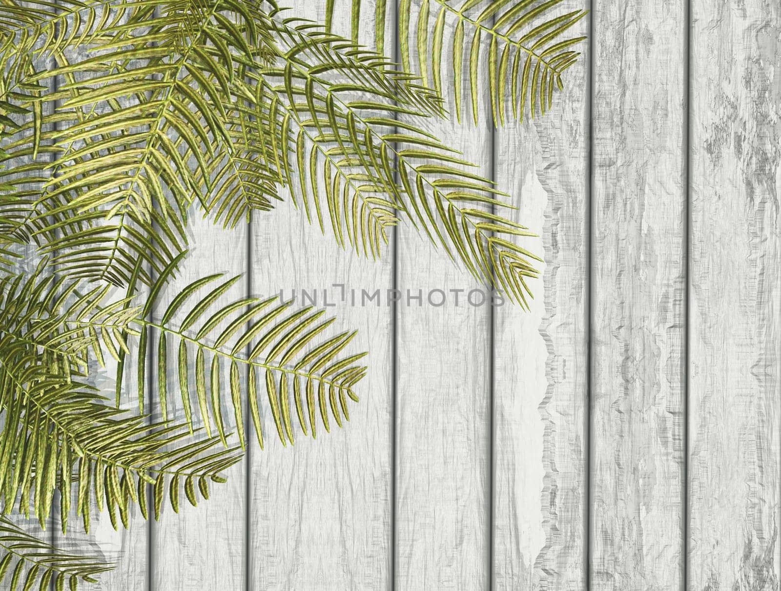 3D render of fern leaves on a white wooden texture
