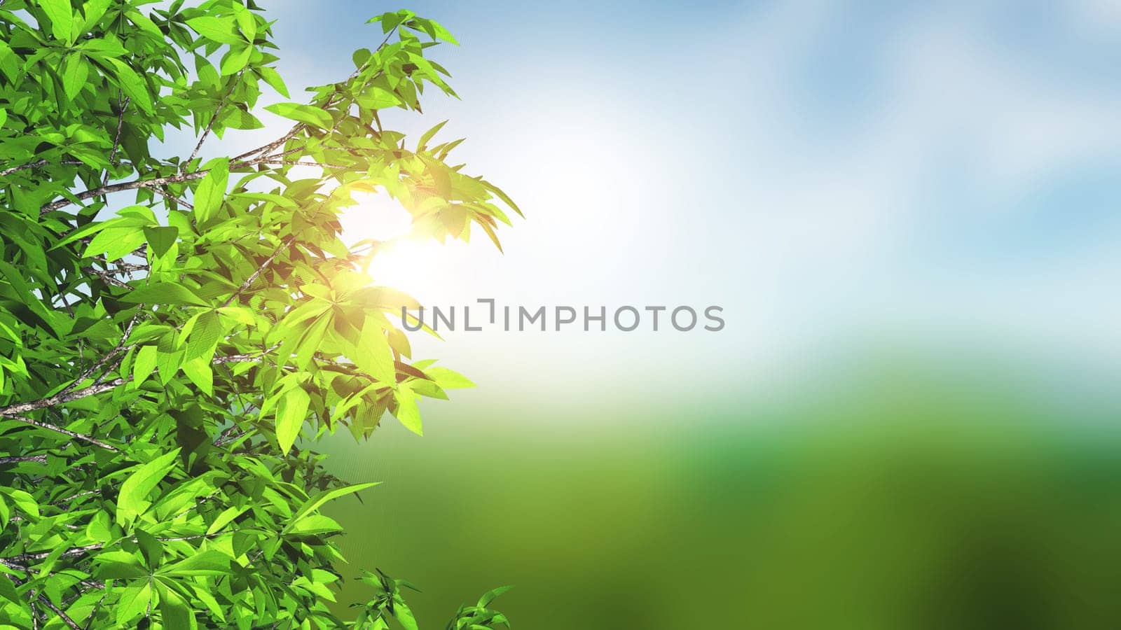 3D render of leaves against a defocussed landscape background