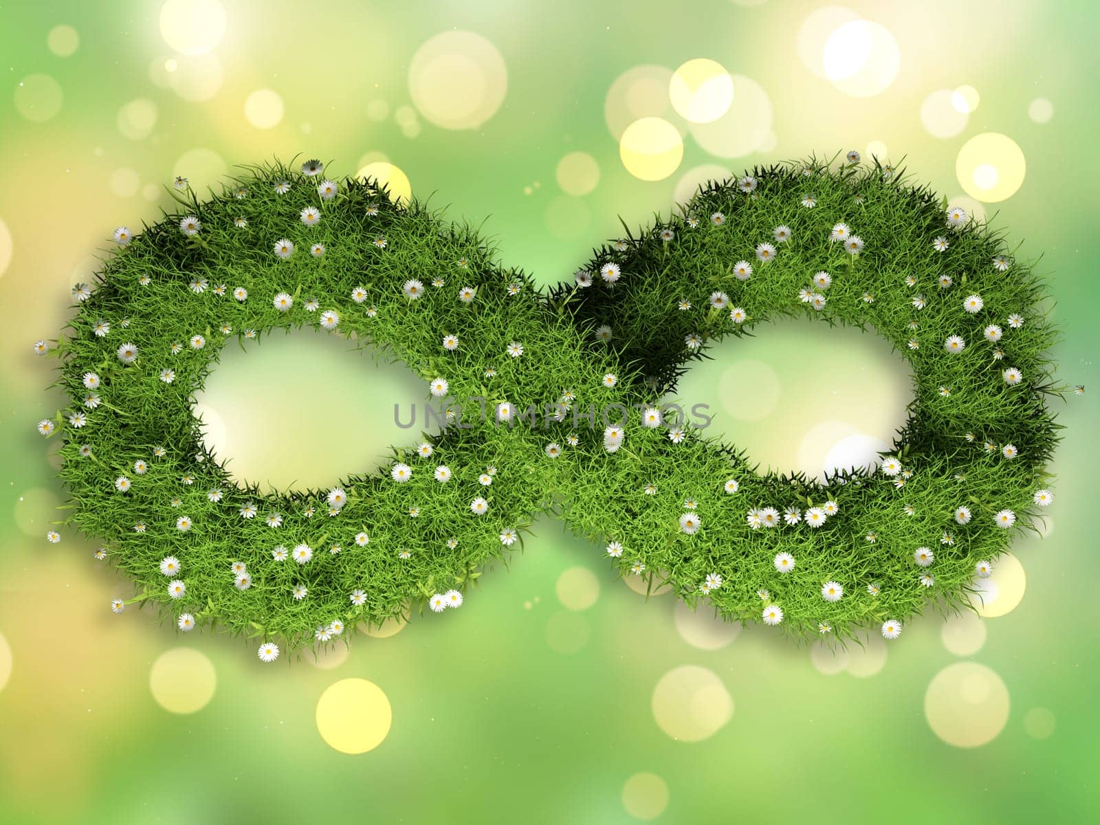 3D render of grass and daisies in the shape of an infinity symbol on a bokeh lights design