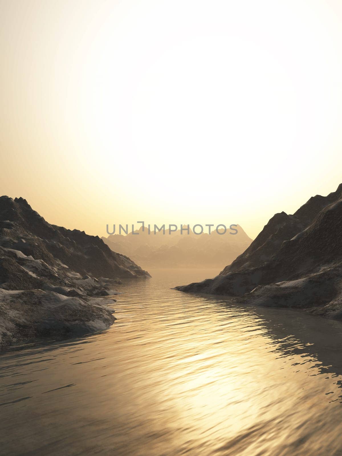 3D render of mountains and sea against a sunset sky
