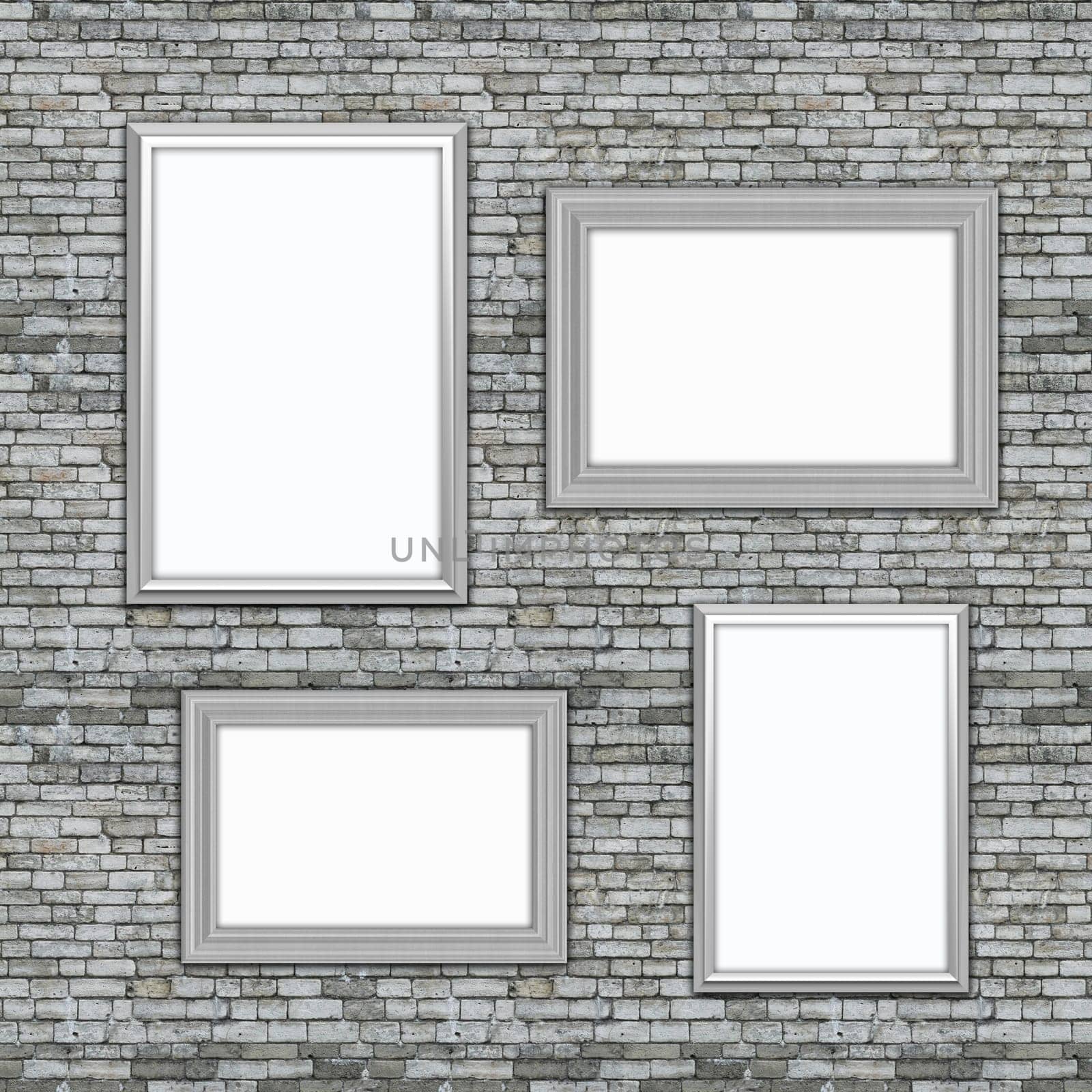 3D render of blank picture frames hanging on an old brick wall