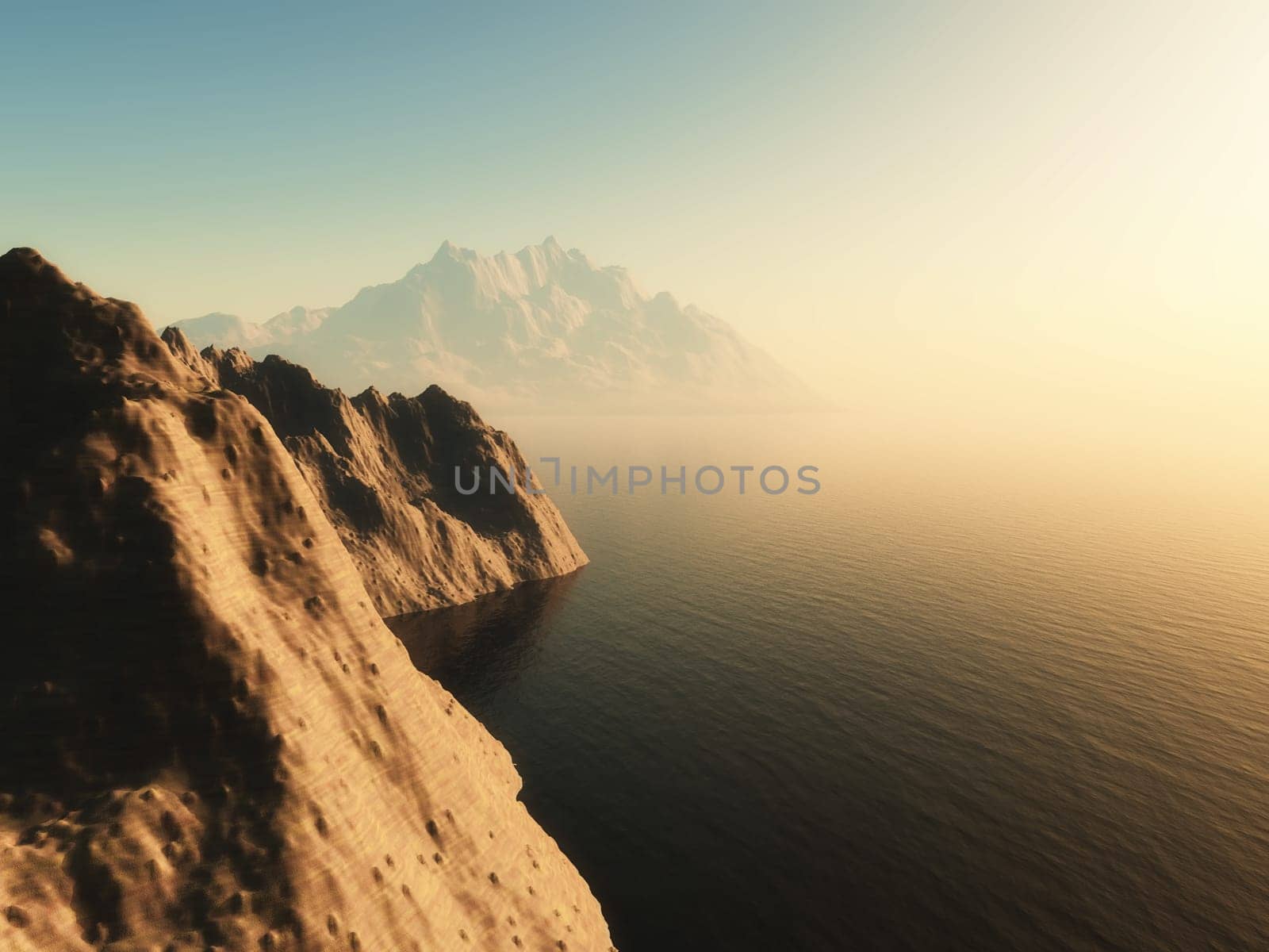 3D render of mountains in sunset ocean landscape