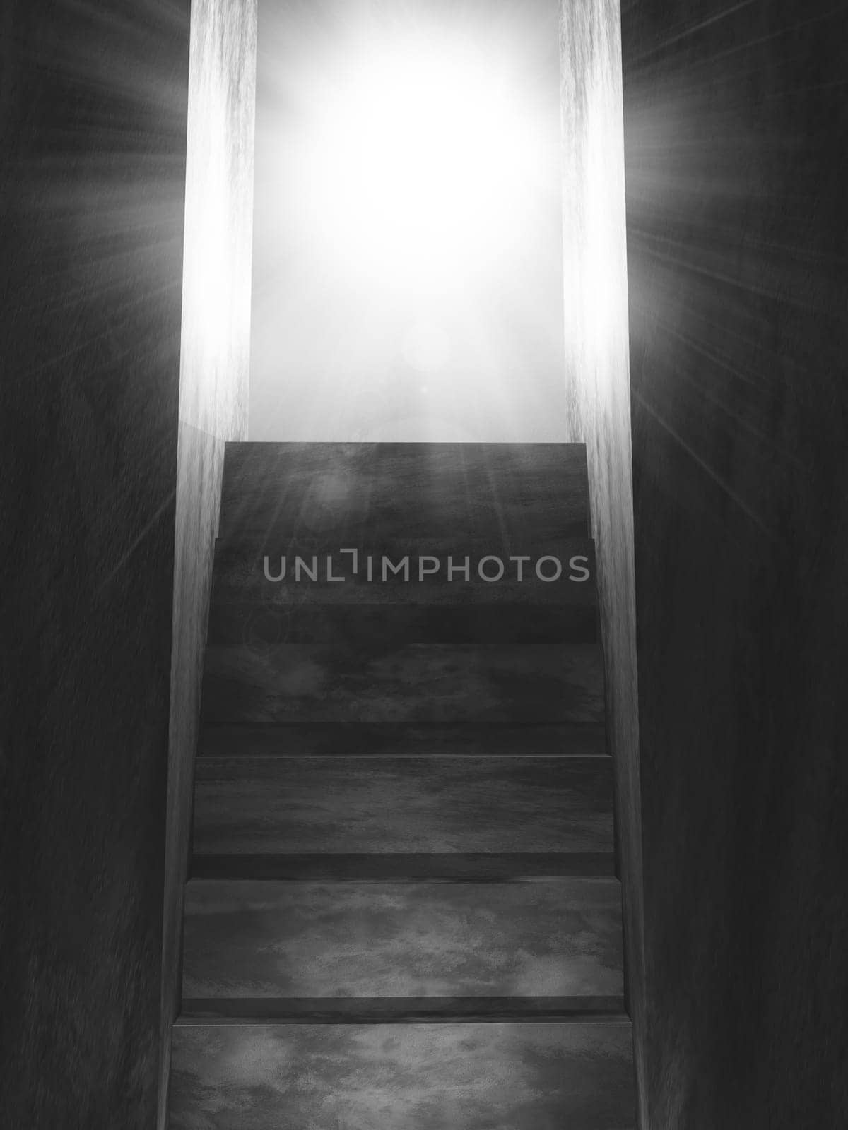 3D render of old concrete stairs leading to an open door with sun rays