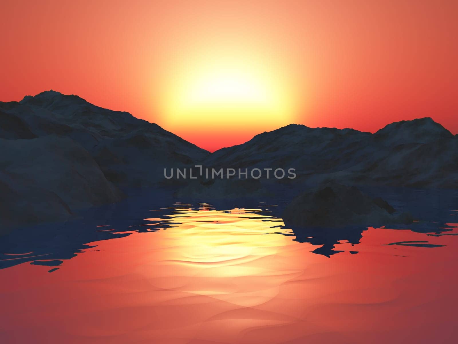 3D render of mountains with ocean against a sunset sky