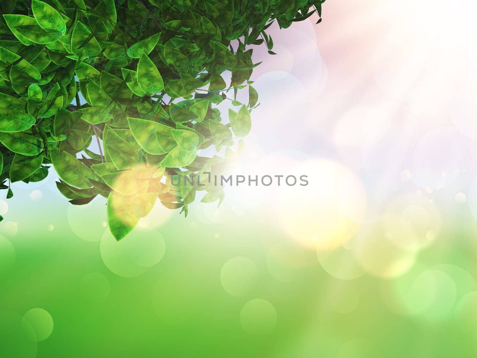 3D render of leaves on a defocussed sunny background