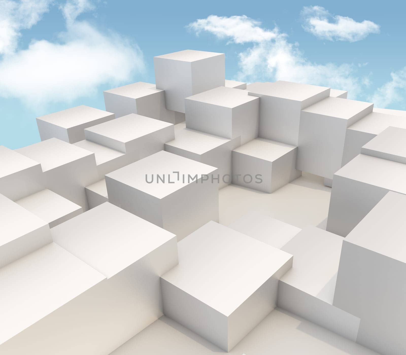 3D render of extruding cubes on blue sky background