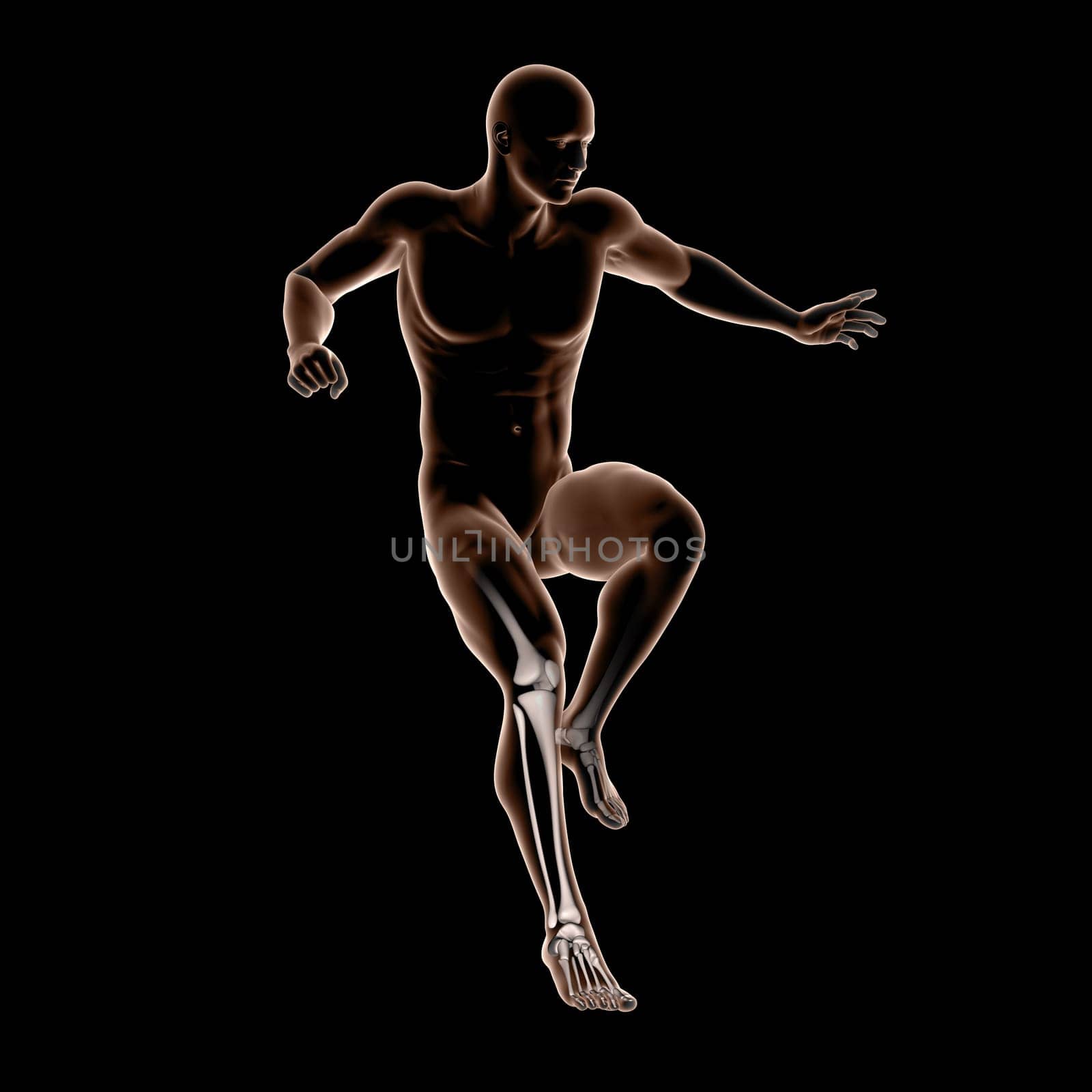 3D render of male medical figure jumping with leg bones highlighted
