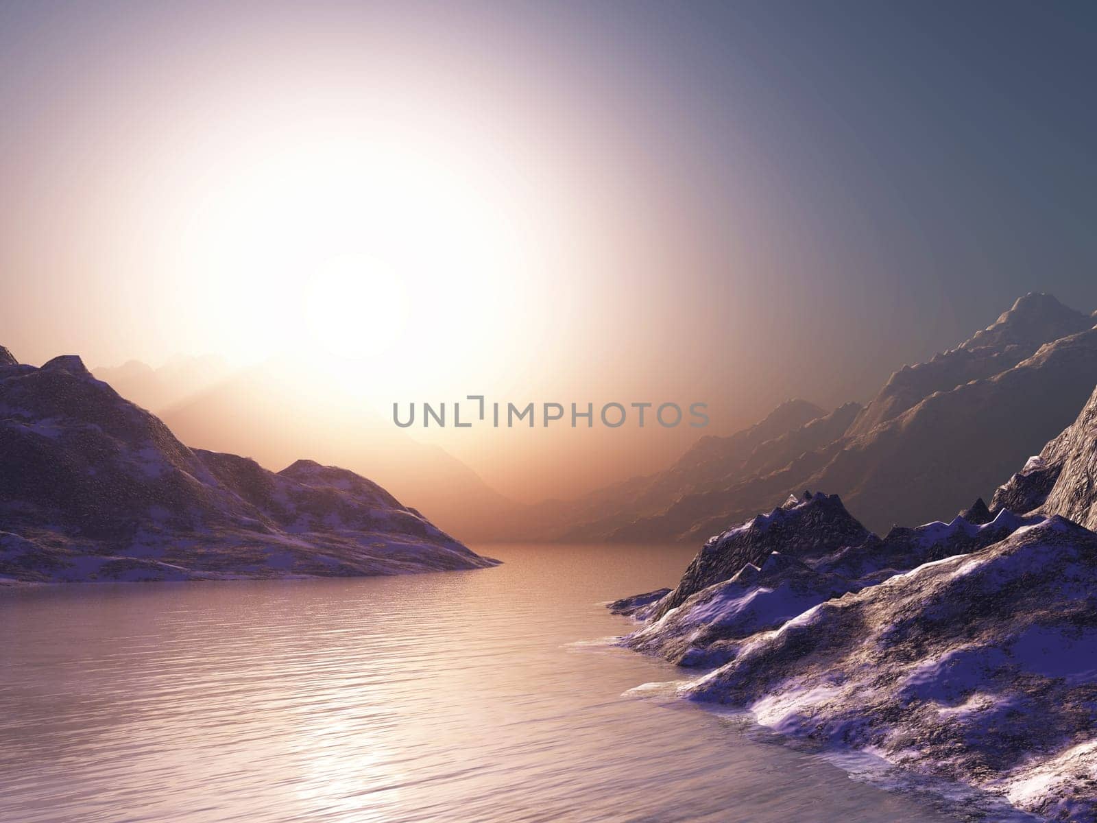 3D render of mountains against a sunset sky