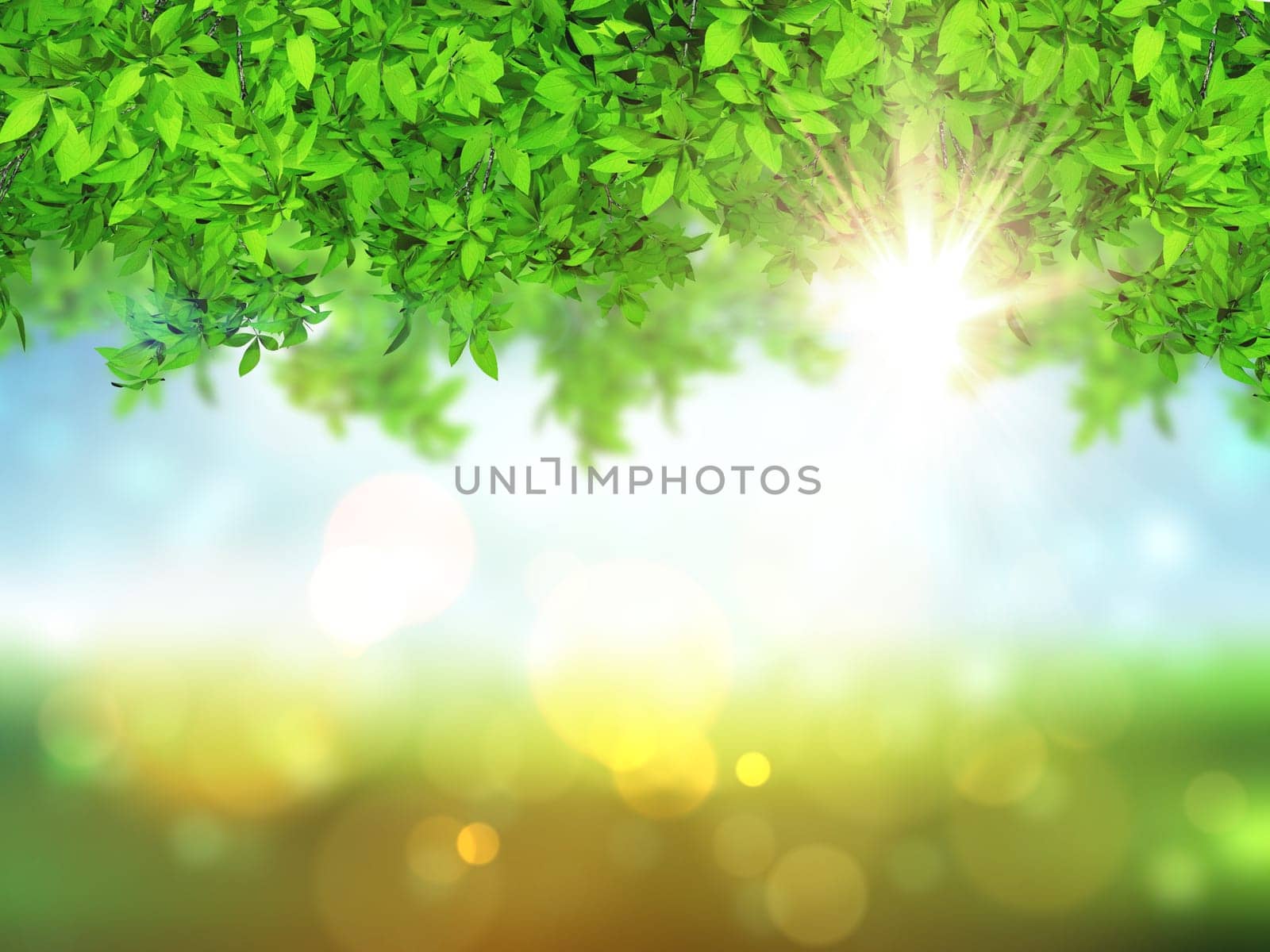 3D render of leaves on a defocussed background with bokeh lights