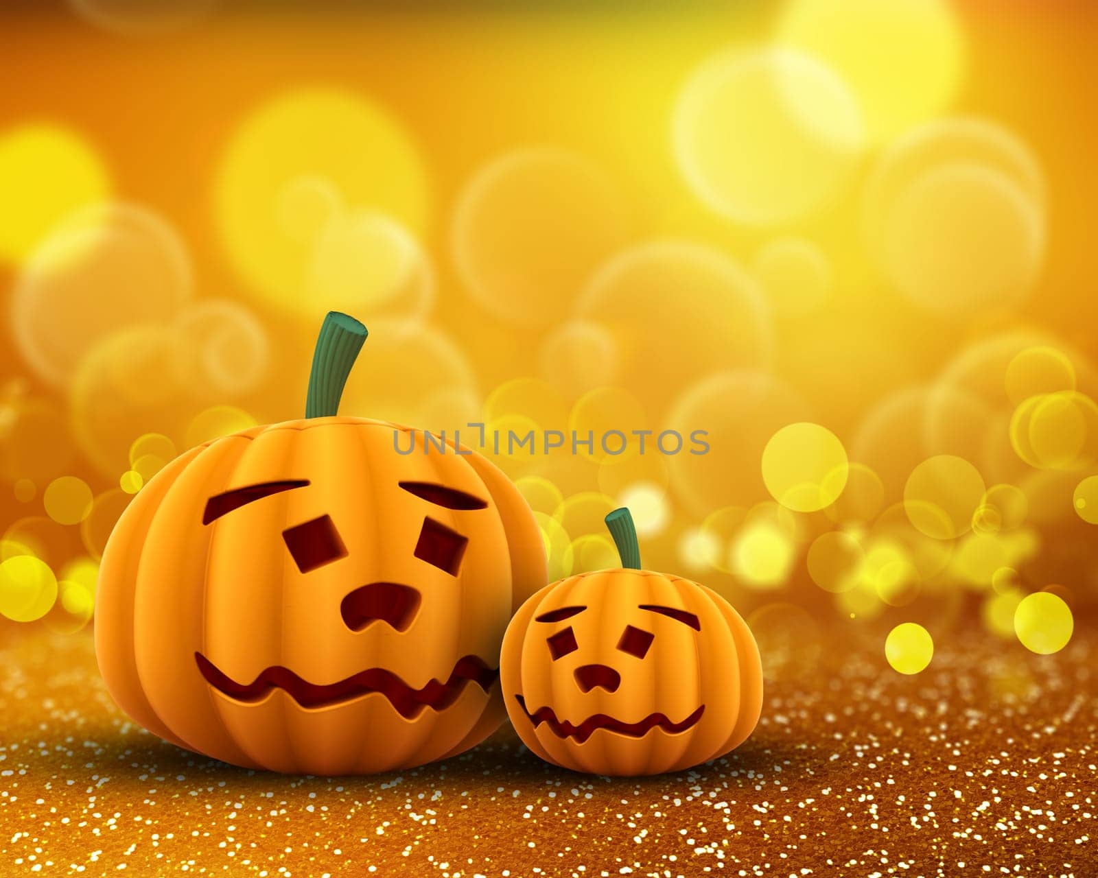3D render of cute pumpkins on a glittery bokeh lights background