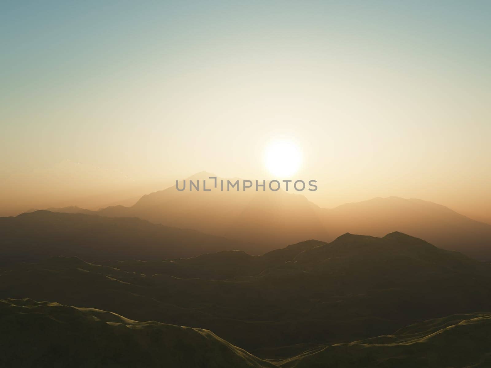3D render of mountains against a sunset sky