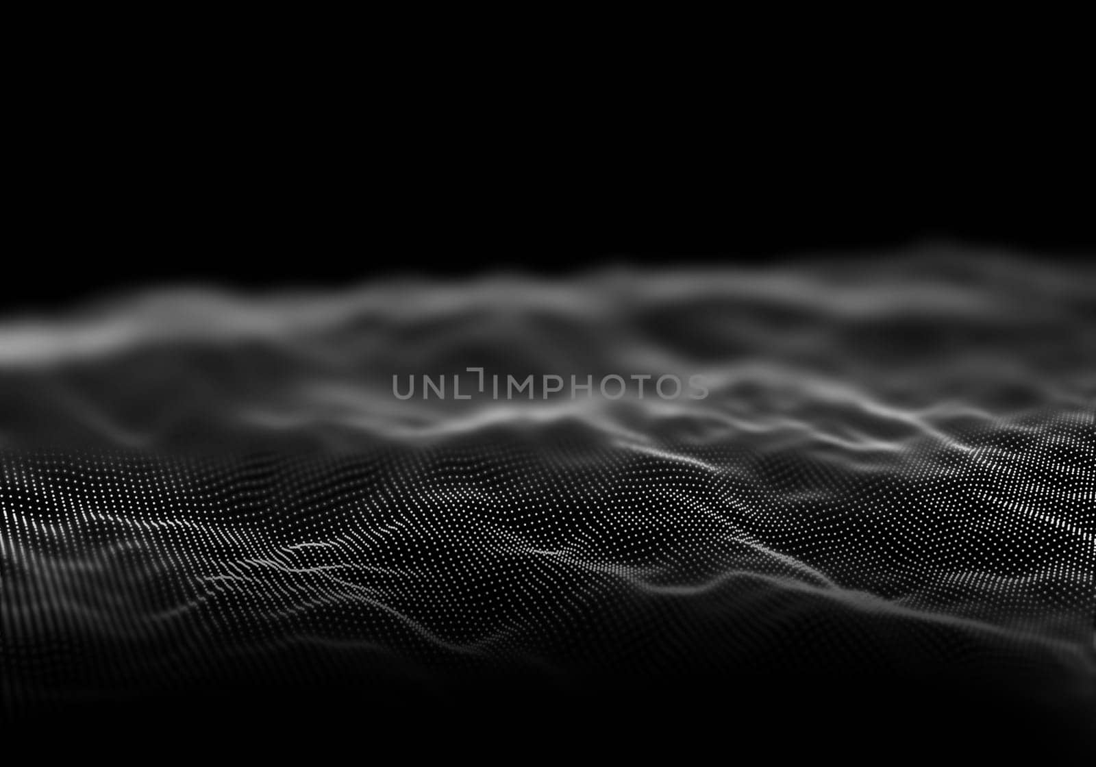 3D render of digital landscape of flowing dots with shallow depth of field
