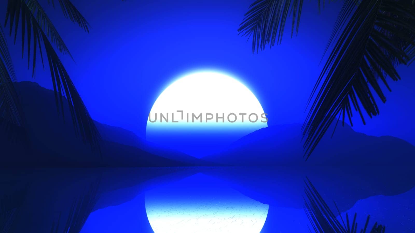 3D render of palm tree leaves against a moonlit sky