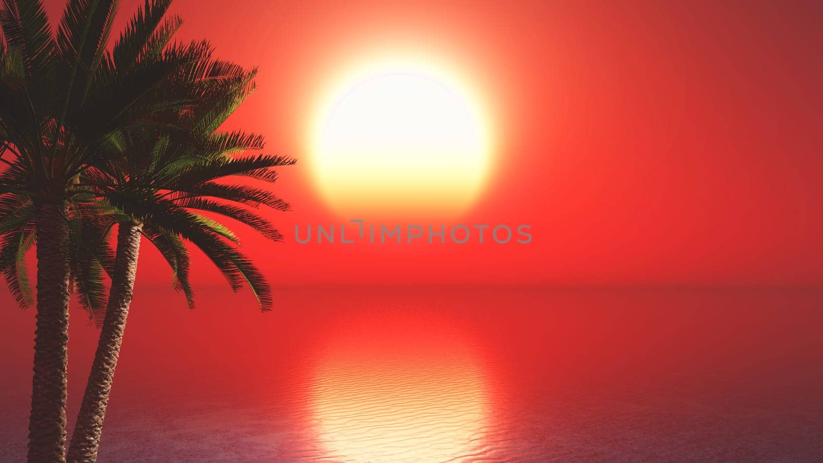 3D render of palm trees against sunset ocean landscape