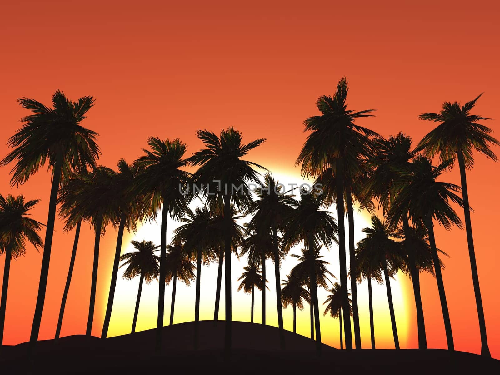 3D render of palm trees against a sunset sky