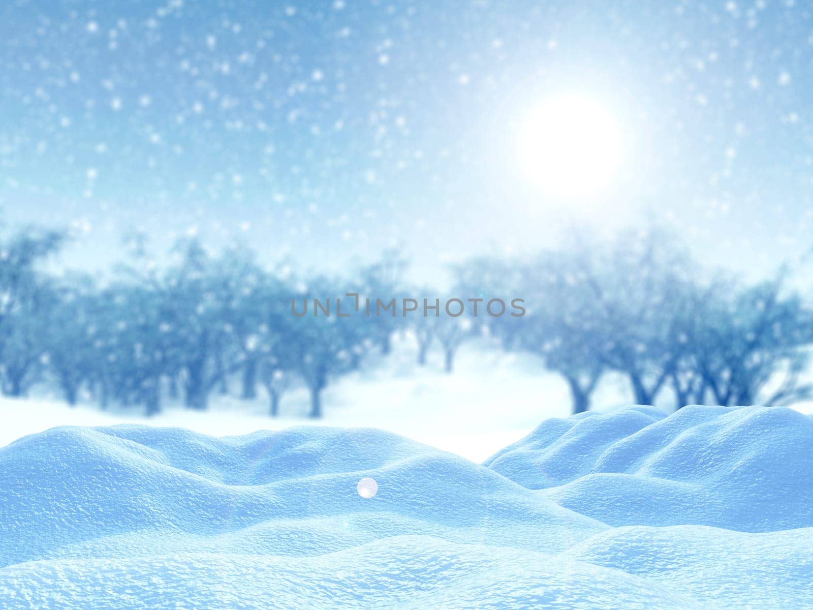 3D render of snow against a snowy tree landscape