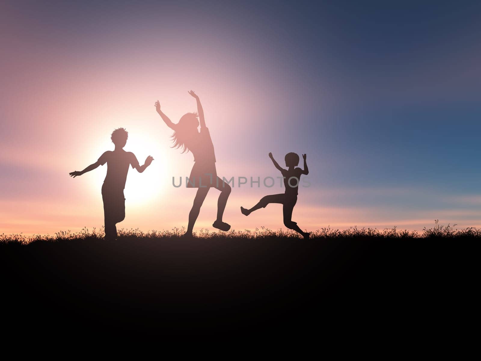 3D render of silhouettes of children playing in a sunset landscape
