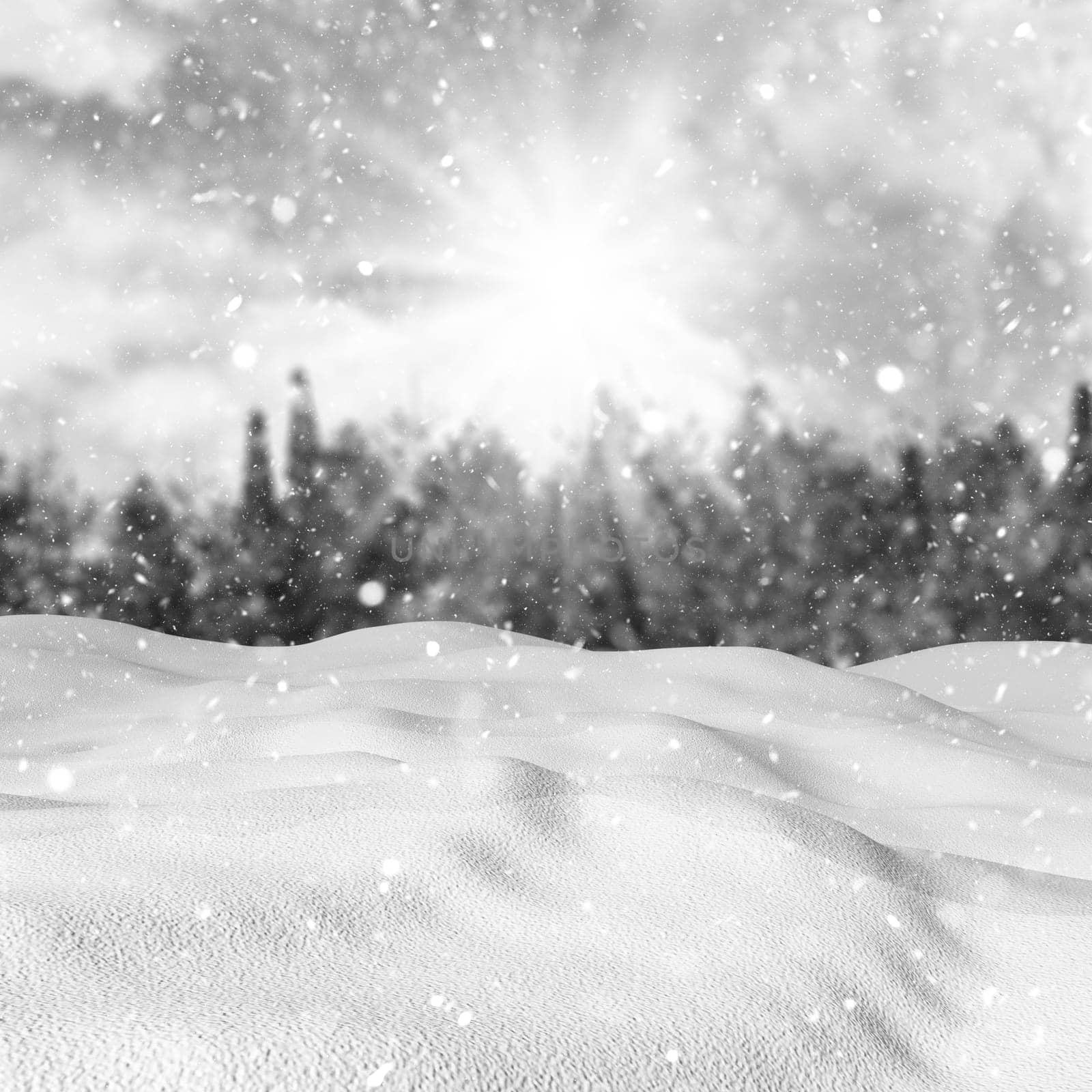 3D render of snow against a defocussed winter landscape