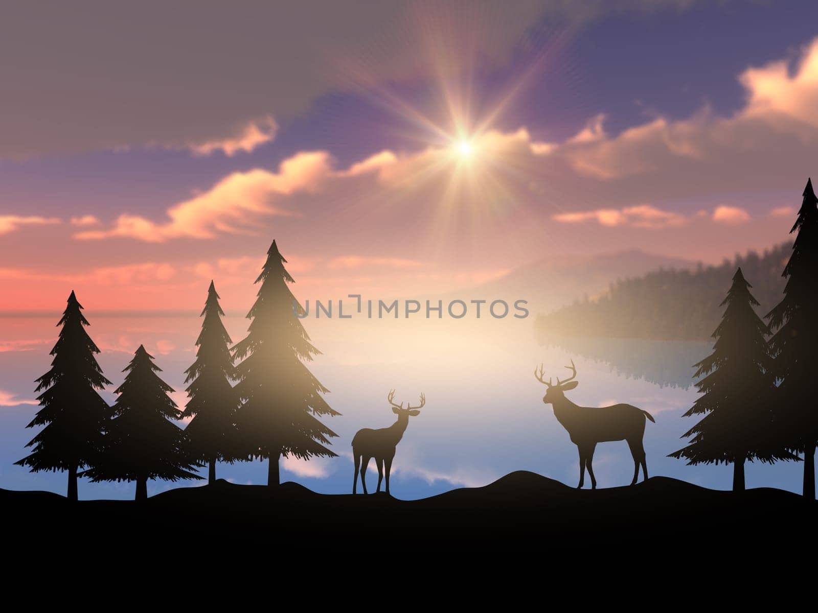 3D render of silhouettes of deer against a sunset ocean landscape