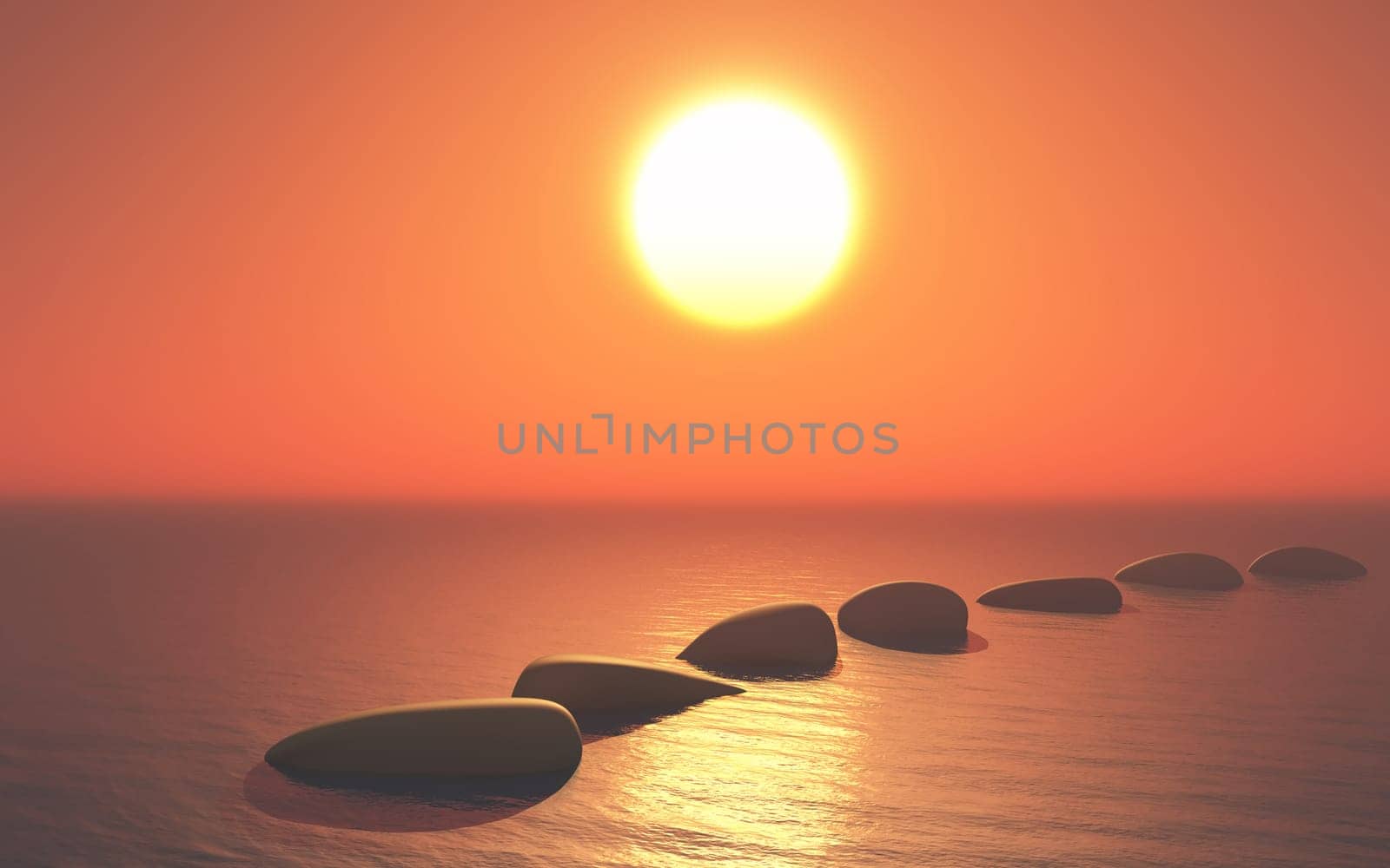3D render of stepping stones in ocean against a sunset sky