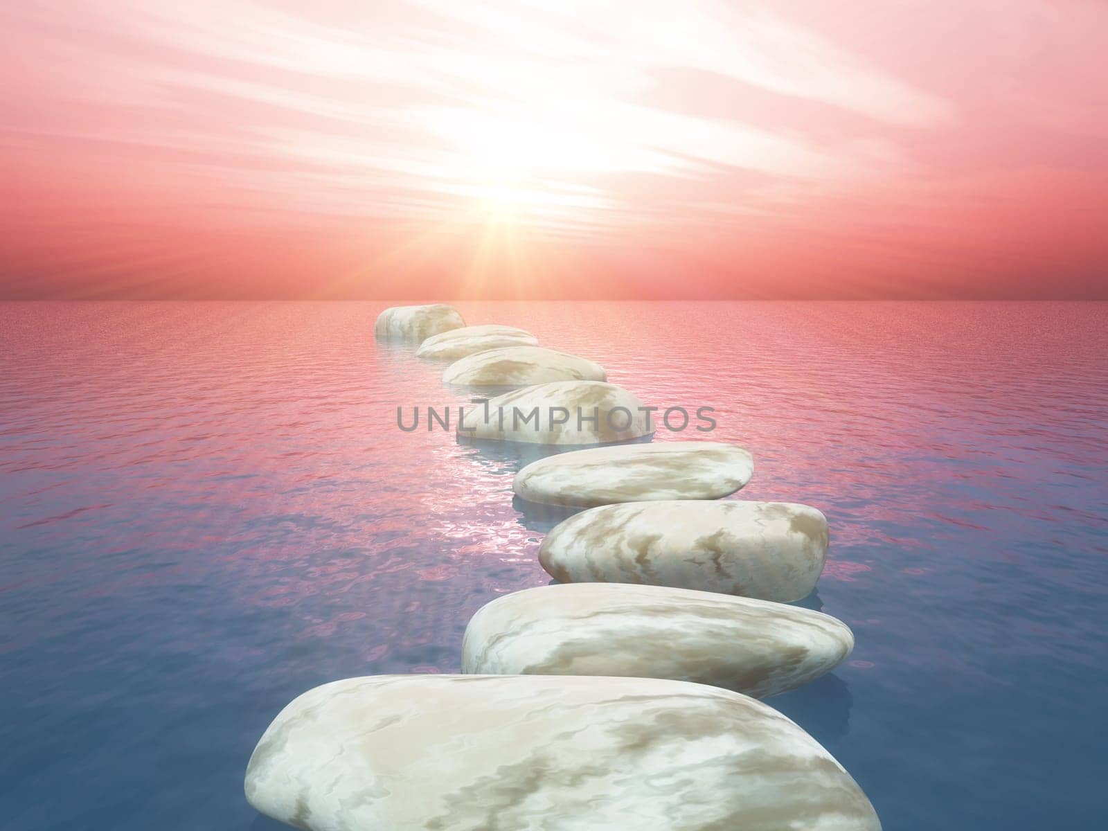 3D render of stepping stones in ocean against sunset sky