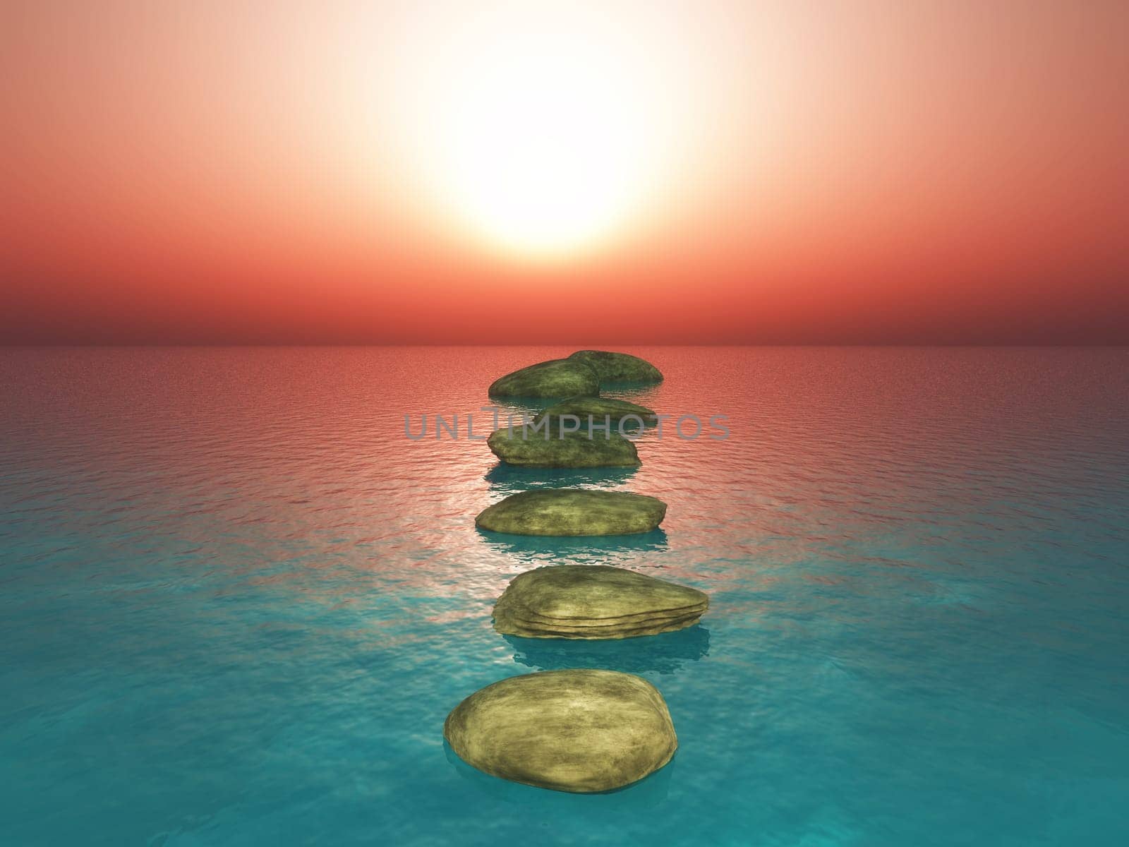 3D render of stepping stones in a sunset ocean