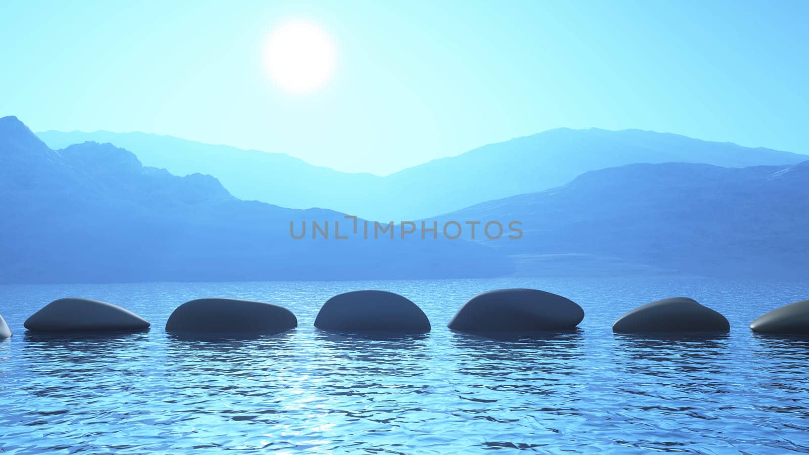 3D render of stepping stones in the ocean against a mountain landscape
