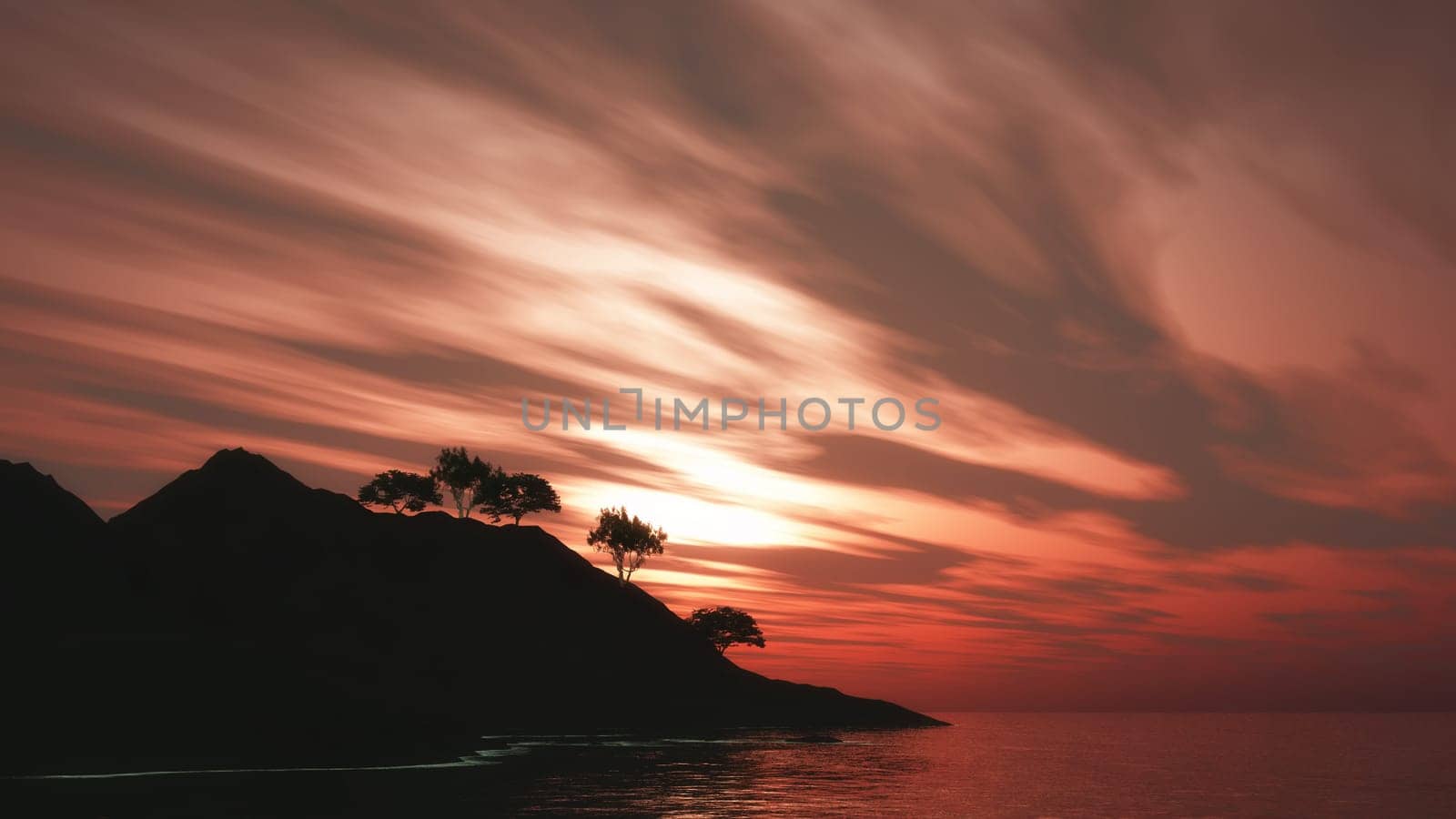 3D render of trees on island against a sunset sky