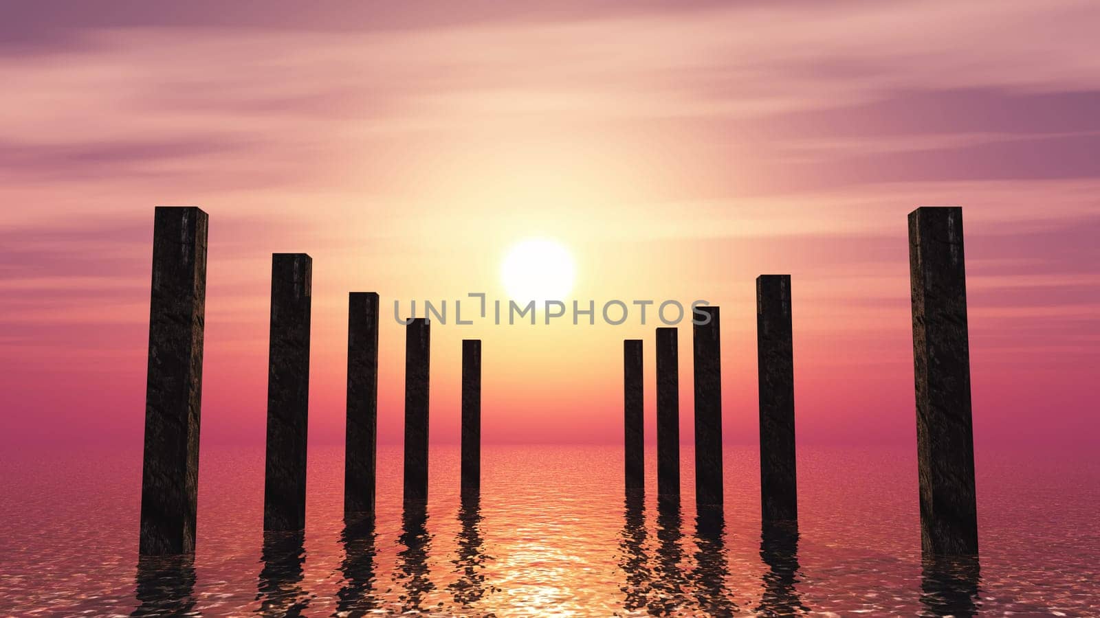 3D render of wooden posts in the ocean against a sunset sky