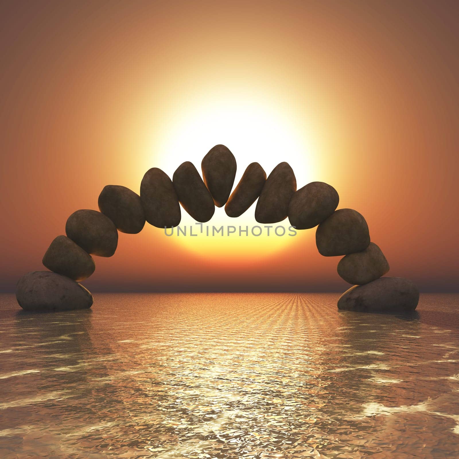 3d render of a balancing rock formation in a sunset ocean