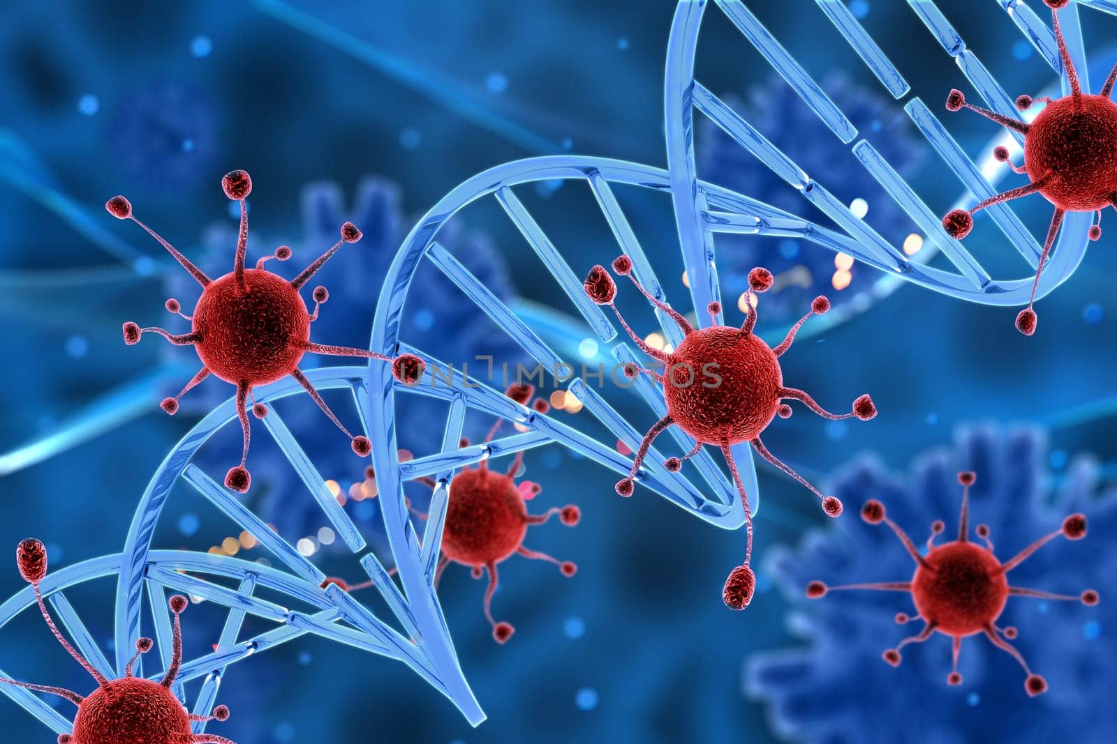 3D render of virus cells attacking a DNA strand