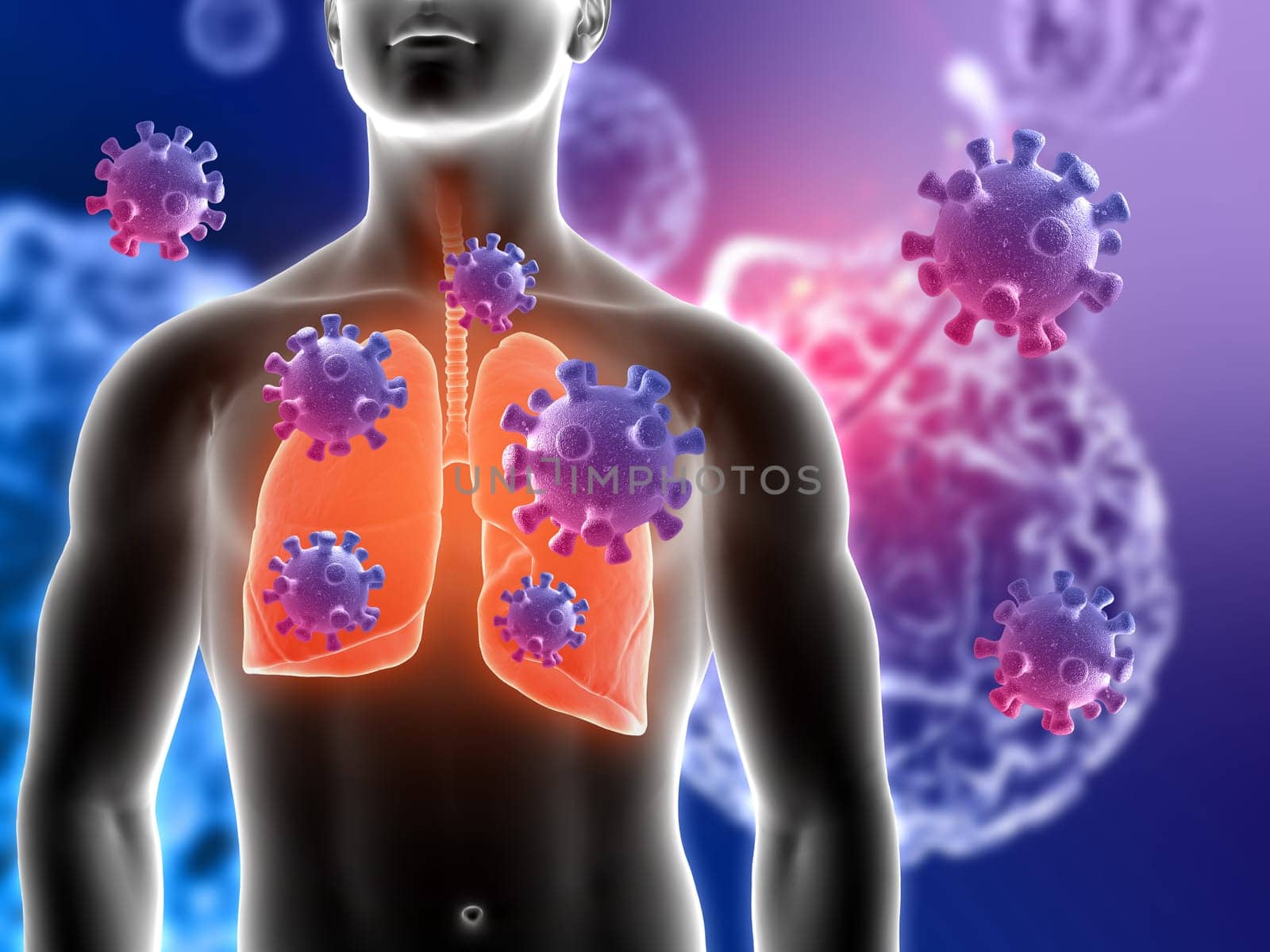 3d render of a medical background with male figure with lungs highlighted and virus cells