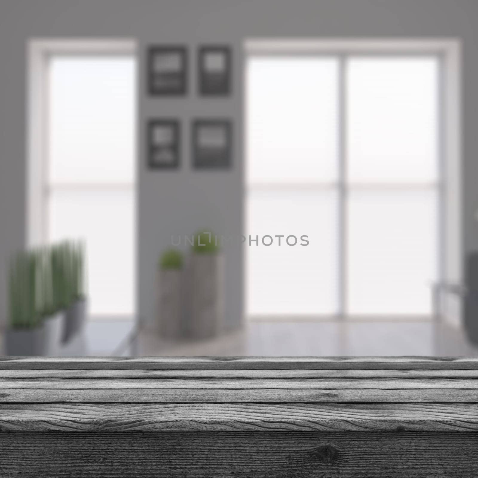 3D render of a rustic table looking out to a defocussed modern room