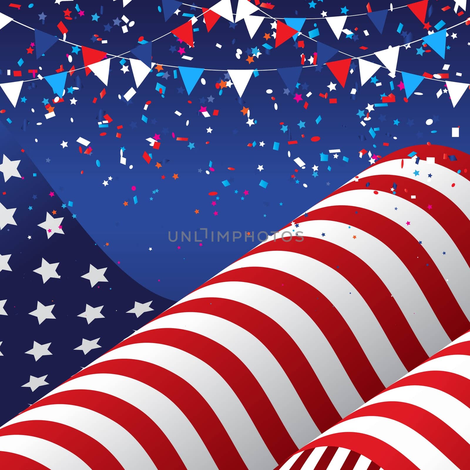 4th July Independence Day background with American flag and confetti