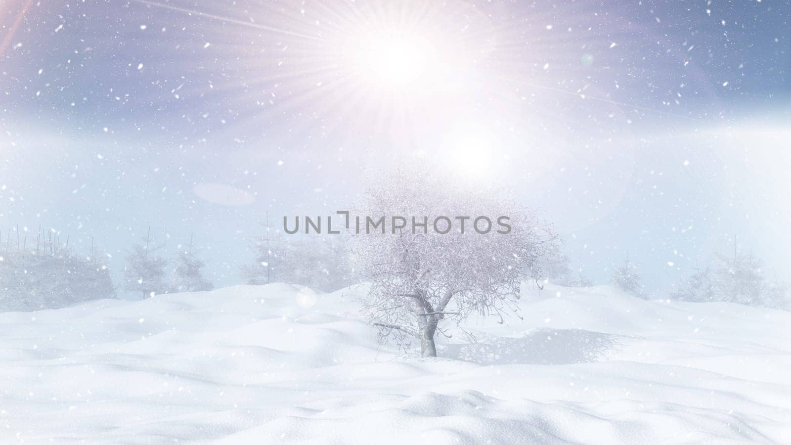 3D winter trees in a snowy landscape