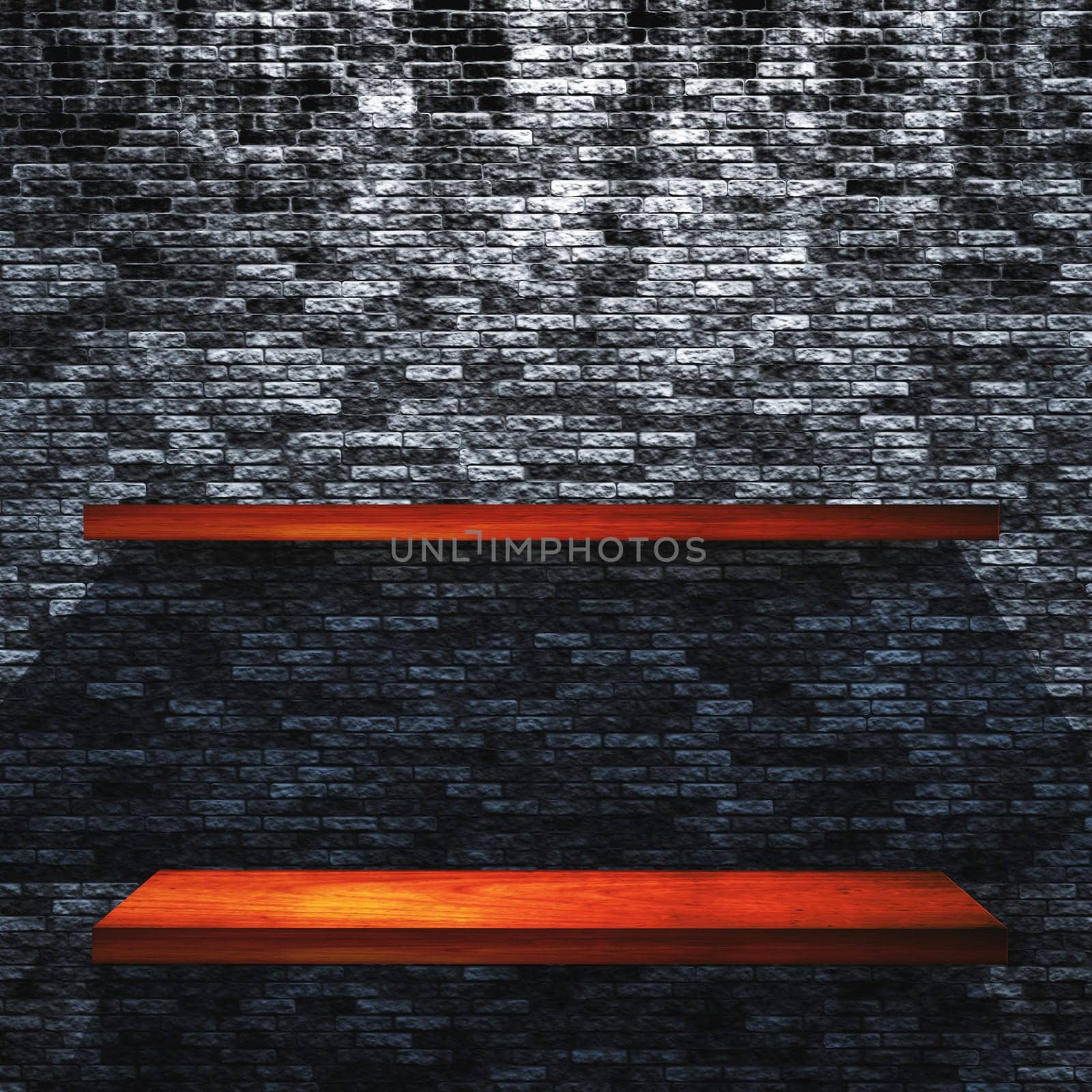 3D render of wooden shelves on a grunge brick wall