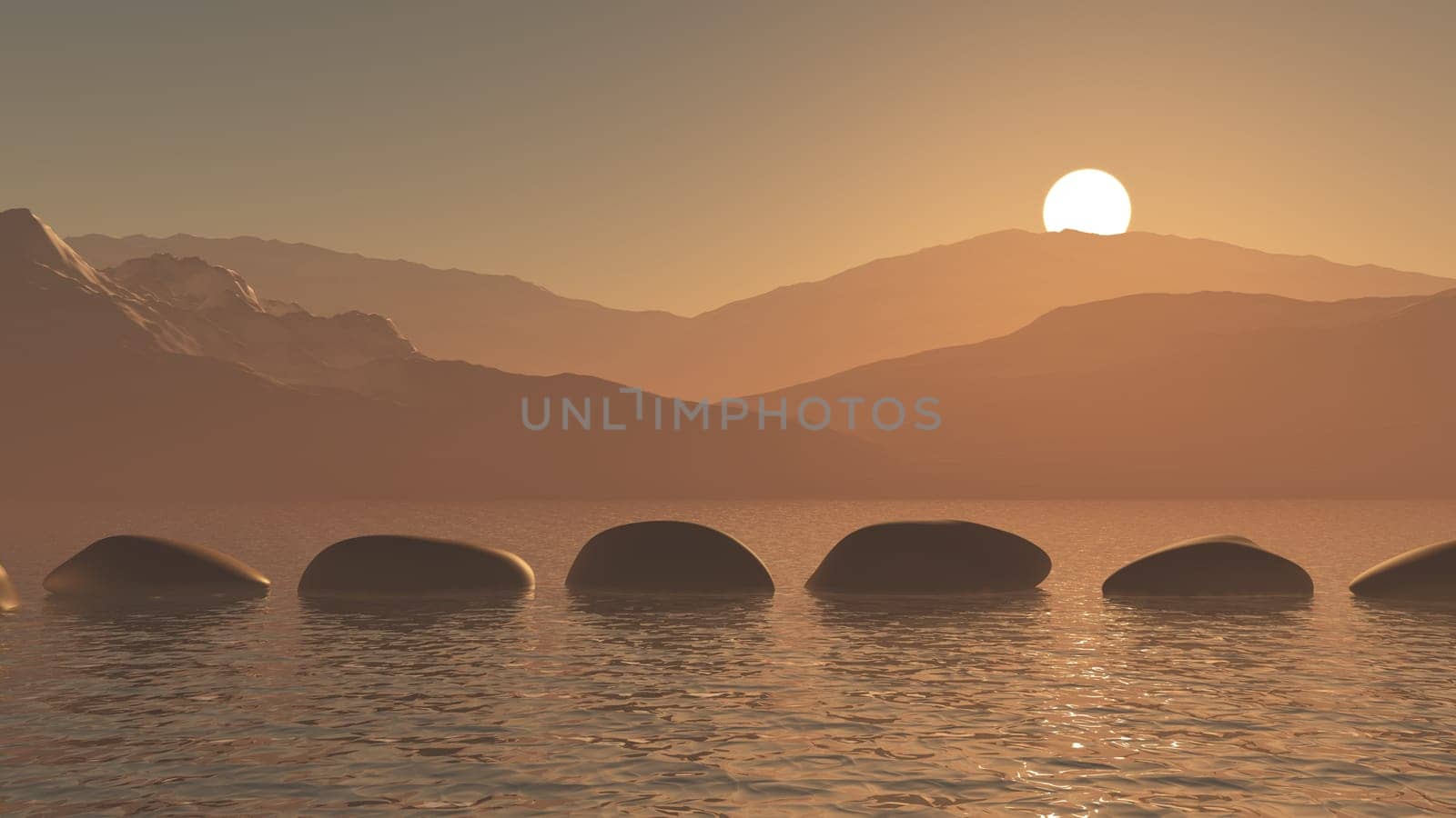 3D render of stepping stones in the ocean against a sunset mountain landscape