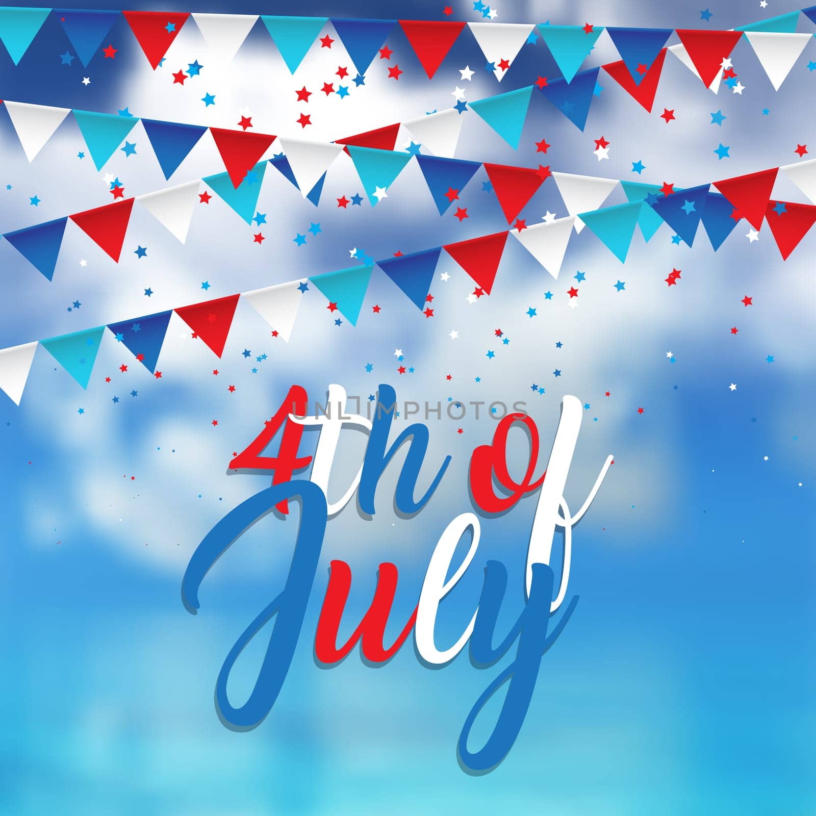 4th July Independence Day background with pennants and confetti on blue sky