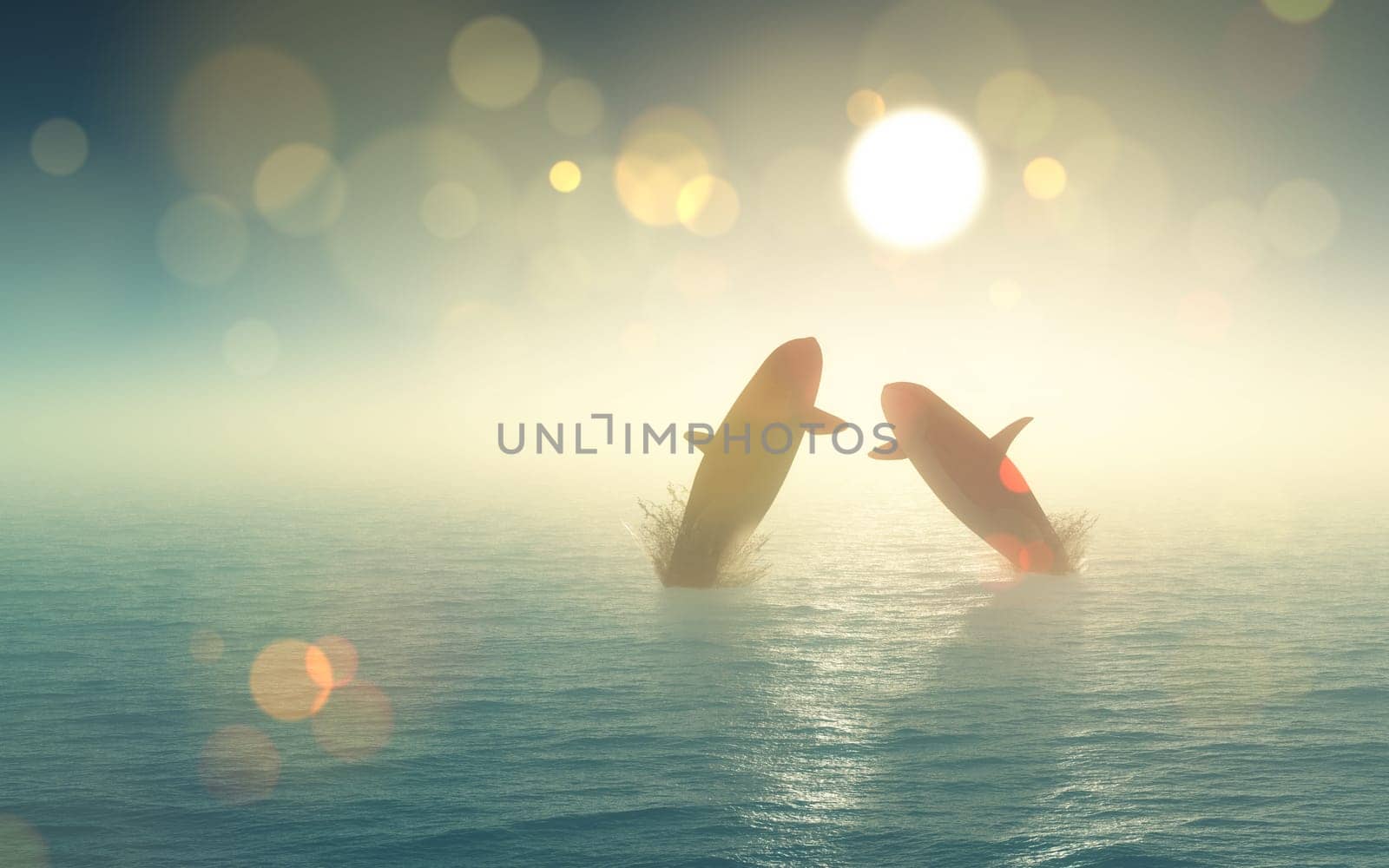 3D render of whales jumping out of the sea